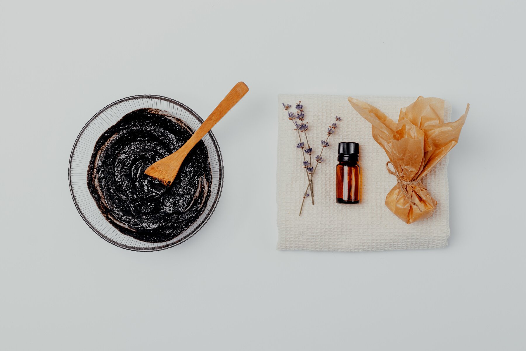 Homemade Clay Mask with Lavender and Essential Oil Flatlay